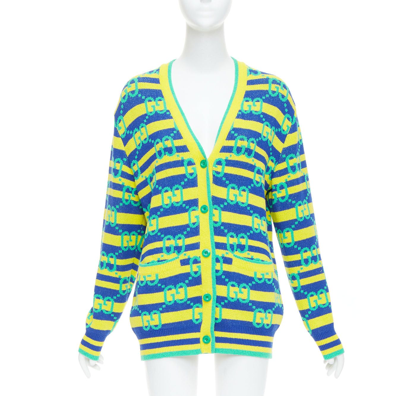 Gucci GUCCI green yellow blue GG monogram stripe cardigan XS Size S / US 4 / IT 40 - 1 Thumbnail