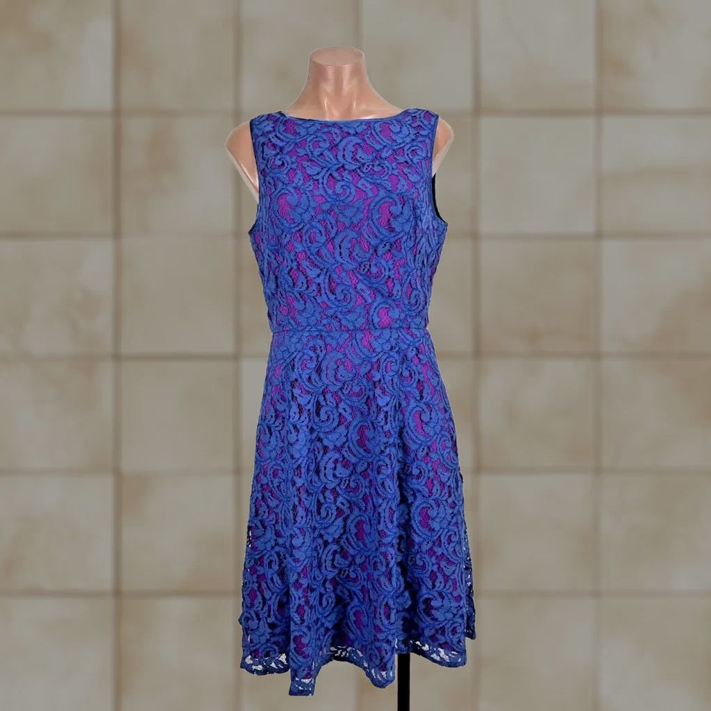 Adrianna Papell Adrianna Papell Dress Womens 8 Purple Blue Round Neck Sleeveless Lace Line Size M / US 6-8 / IT 42-44 - 1 Thumbnail