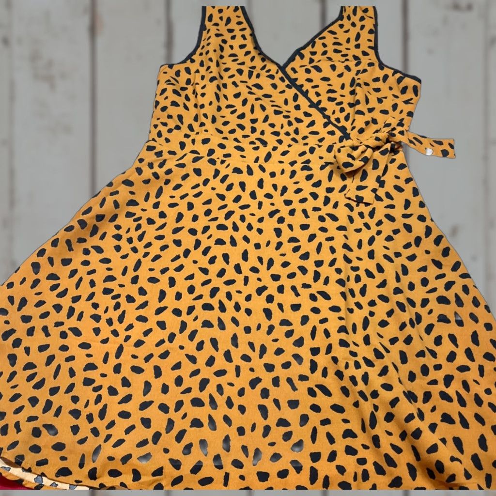 Vintage Everly Dress Women L Black Animal Print Wrap Front V Neck Sleeveless New (