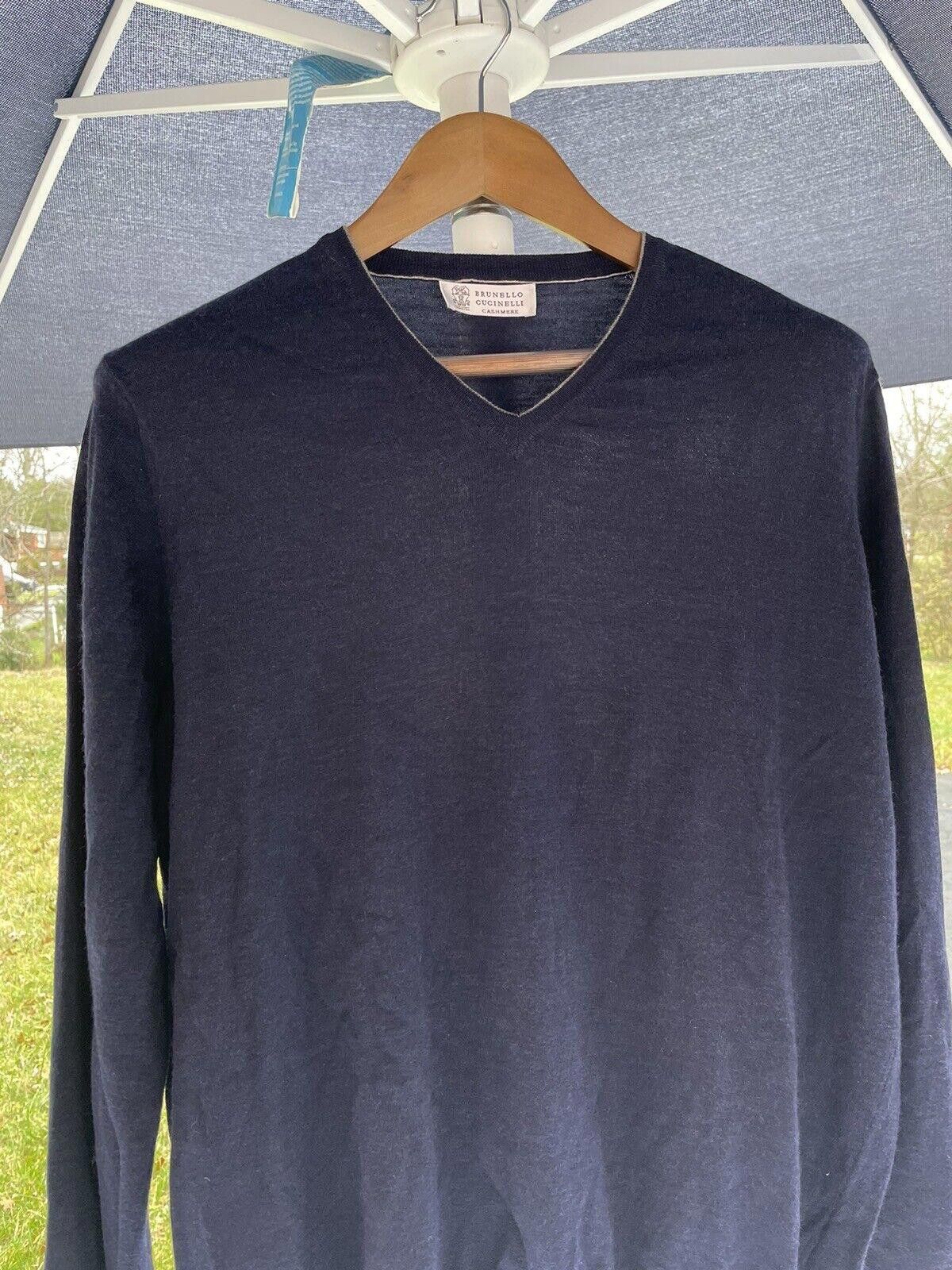 image of Brunello Cucinelli Navy Blue Vneck Cashmere Wool 52/large, Men's
