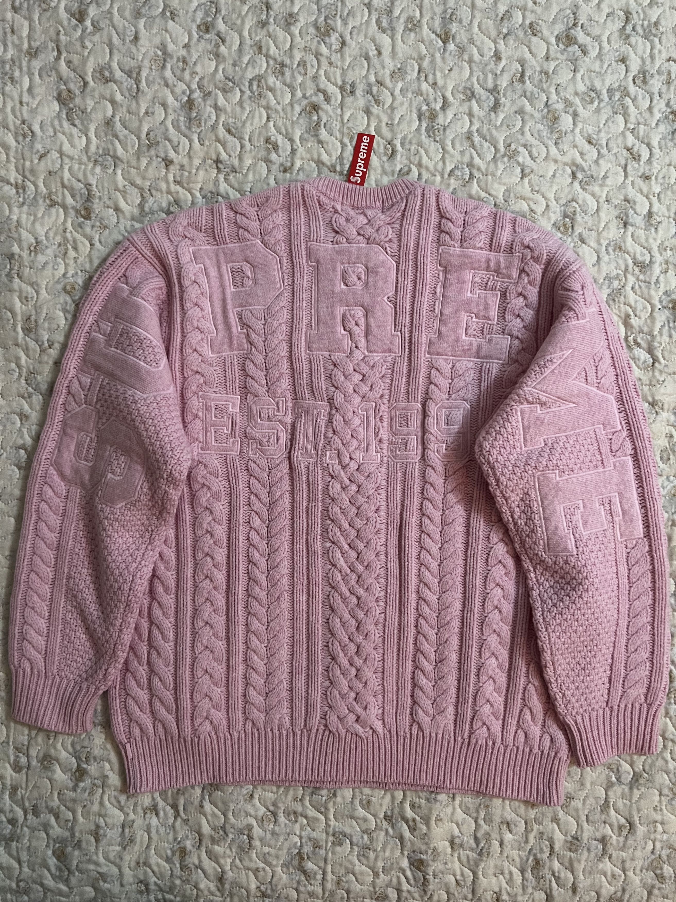 image of Supreme Appliqué Cable Knit Sweater Fw23 Wool Pink, Men's (Size XL)