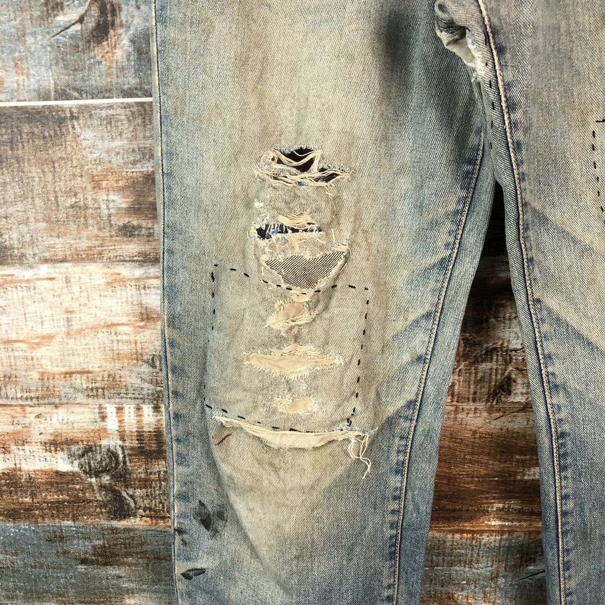 GL Hearth Blue patchwork Distressed Denim Pants #A2177
