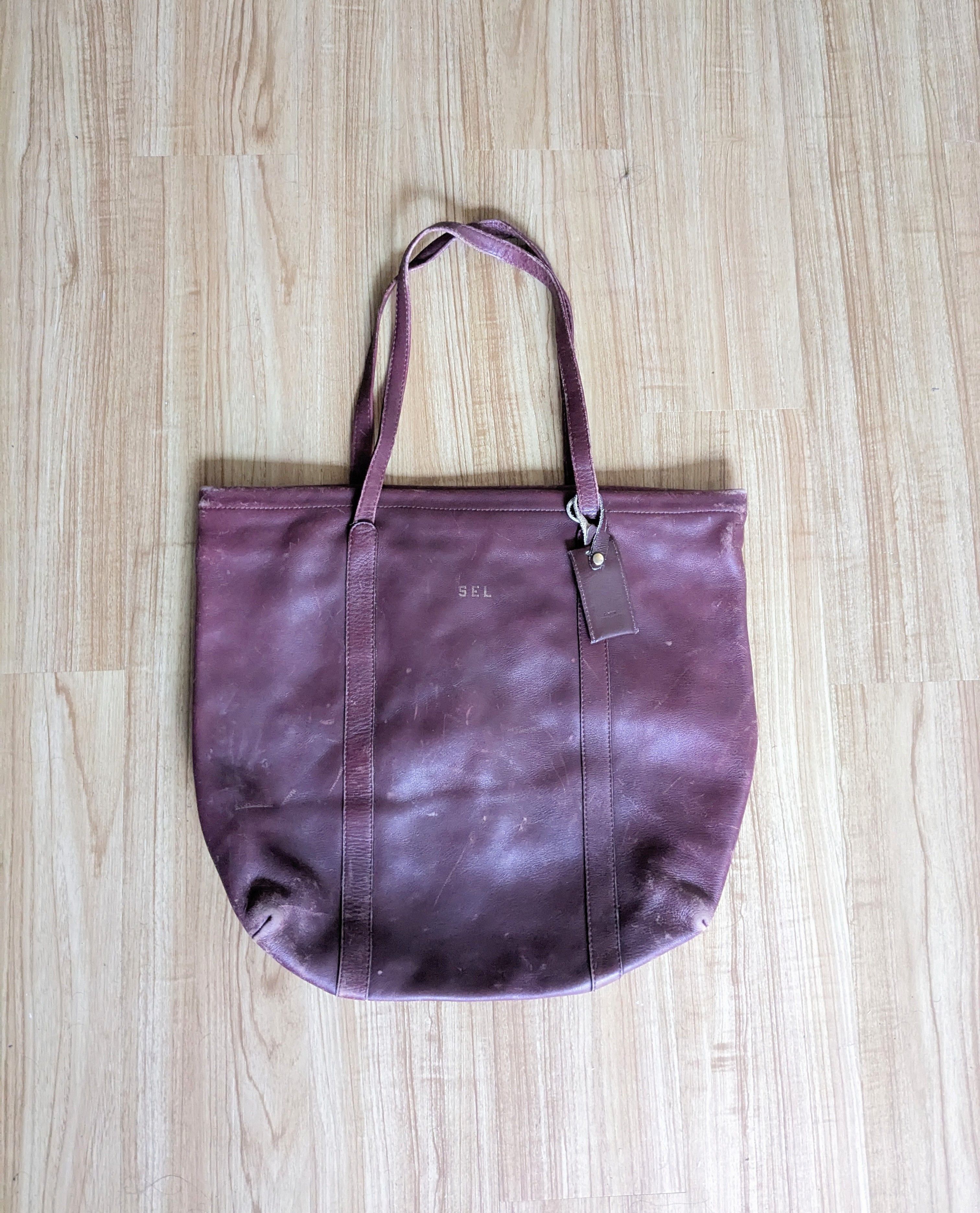 Vintage Leather Tote Bag Burgundy Zipper Strap Pockets