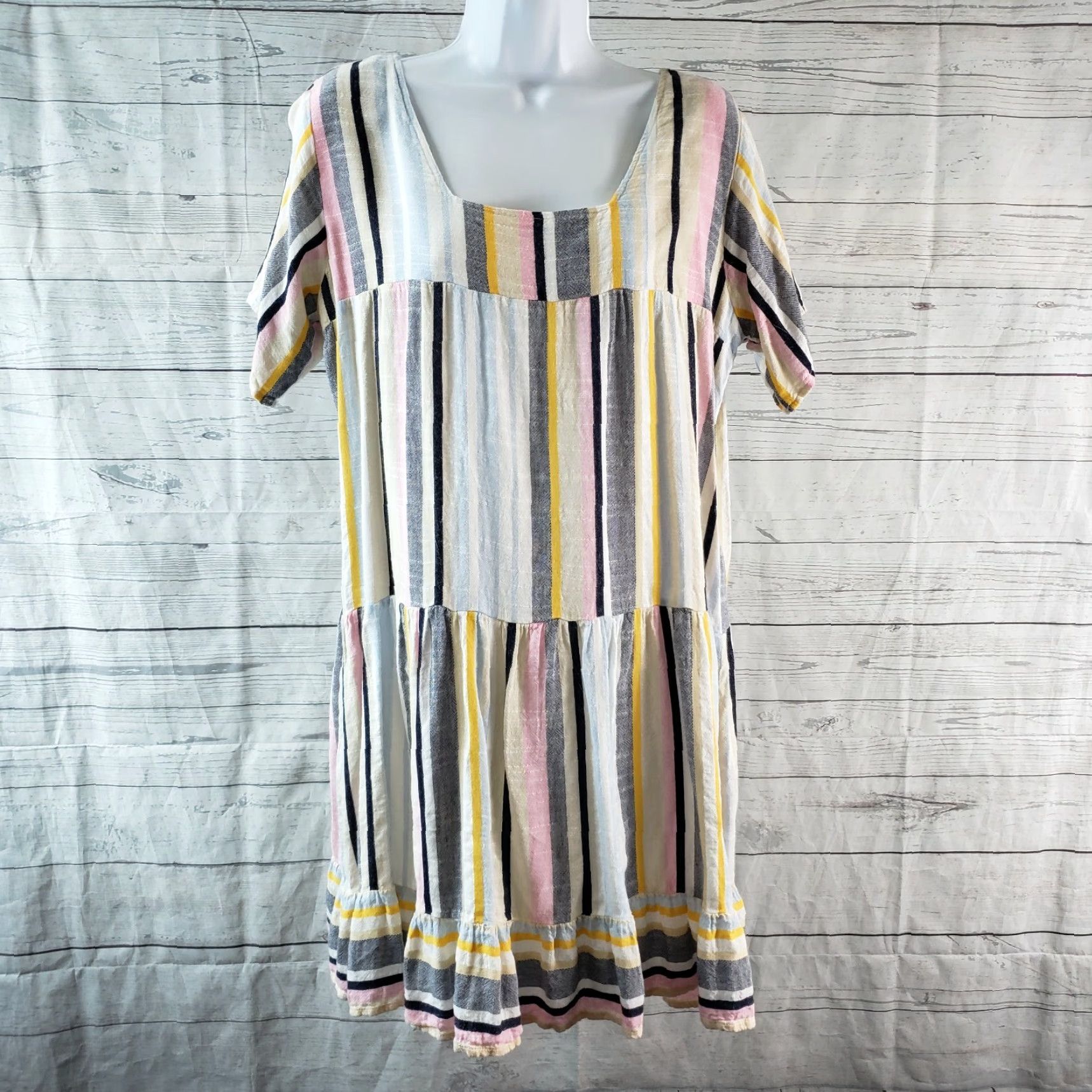 Vintage Evy's Tree Briar Dress Womens Medium Pink Blue Striped Cotton Blend Short Sleeve Pullover Casual Shift Dress Size M / US 6-8 / IT 42-44 - 2 Thumbnail