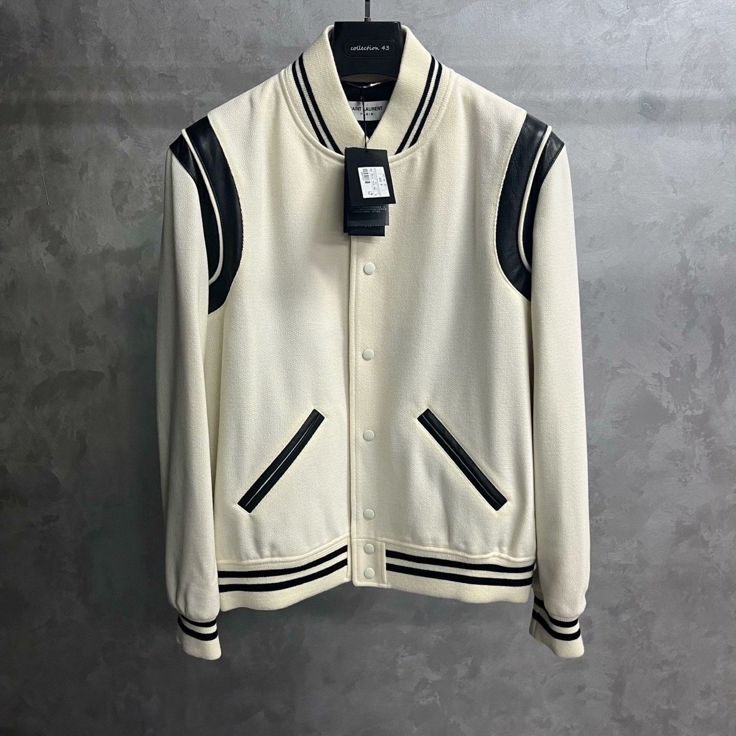 Saint Laurent Paris Saint Laurent White Leather Sleeve Baseball Jacket Size US S / EU 44-46 / 1 - 1 Thumbnail