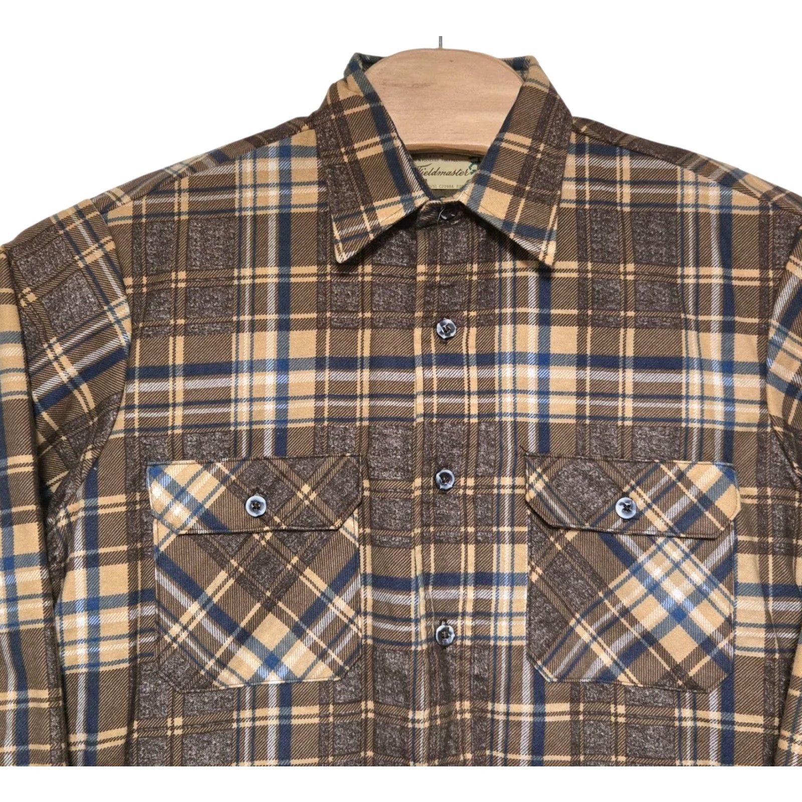 Sears VINTAGE Sears Fieldmaster Flannel Shirt Mens Large Tall Plaid Lined 70s Perma Prest Button-Up Knit Quilted Brown Cotton Polyester Shirt Size US L / EU 52-54 / 3 - 2 Thumbnail