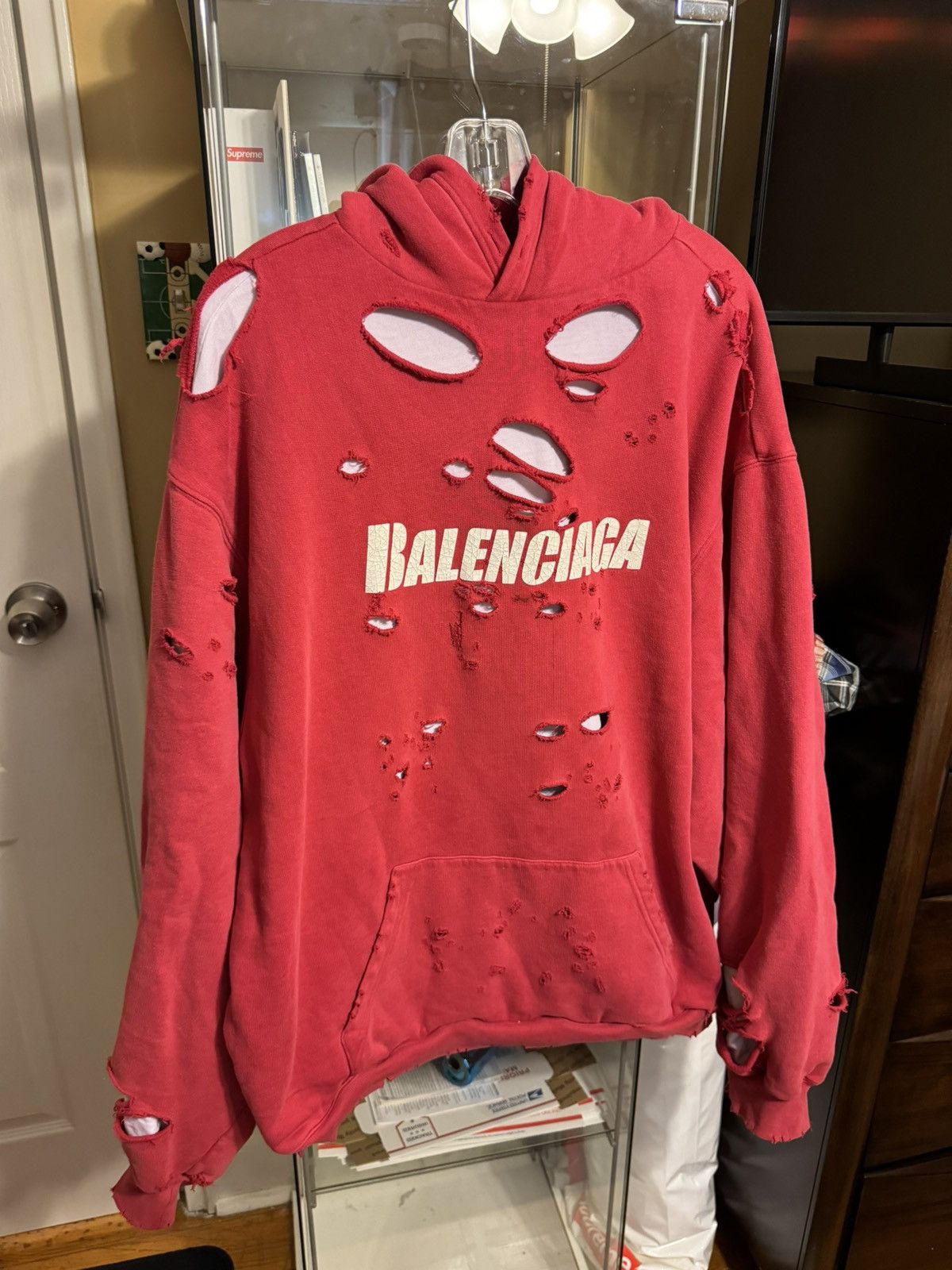 image of Balenciaga Destroyed Layer Hoodie in Red, Men's (Size Small)