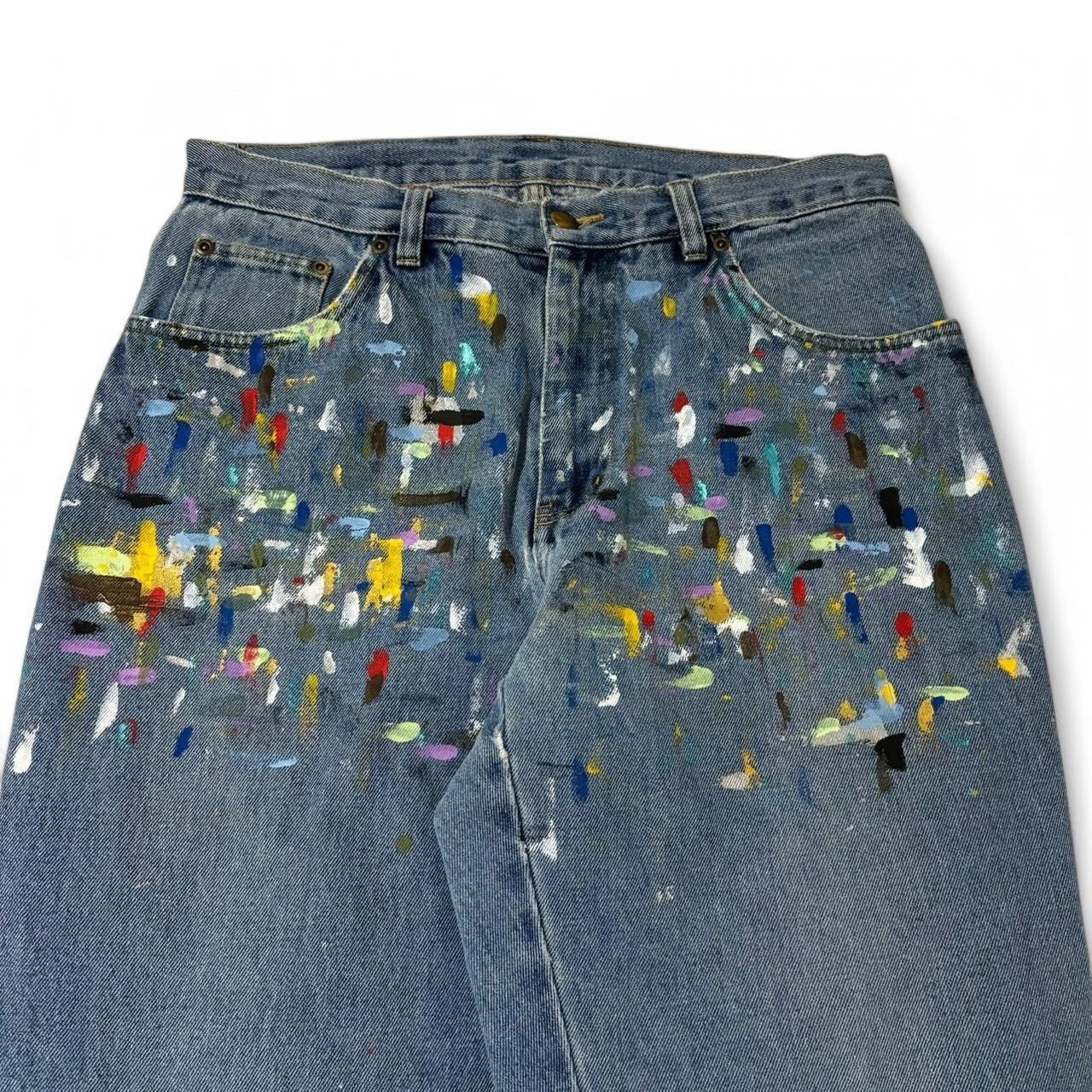 Vintage Vintage 1990s Custom Painted Blue Denim Jeans Size US 32 / EU 48 - 2 Thumbnail