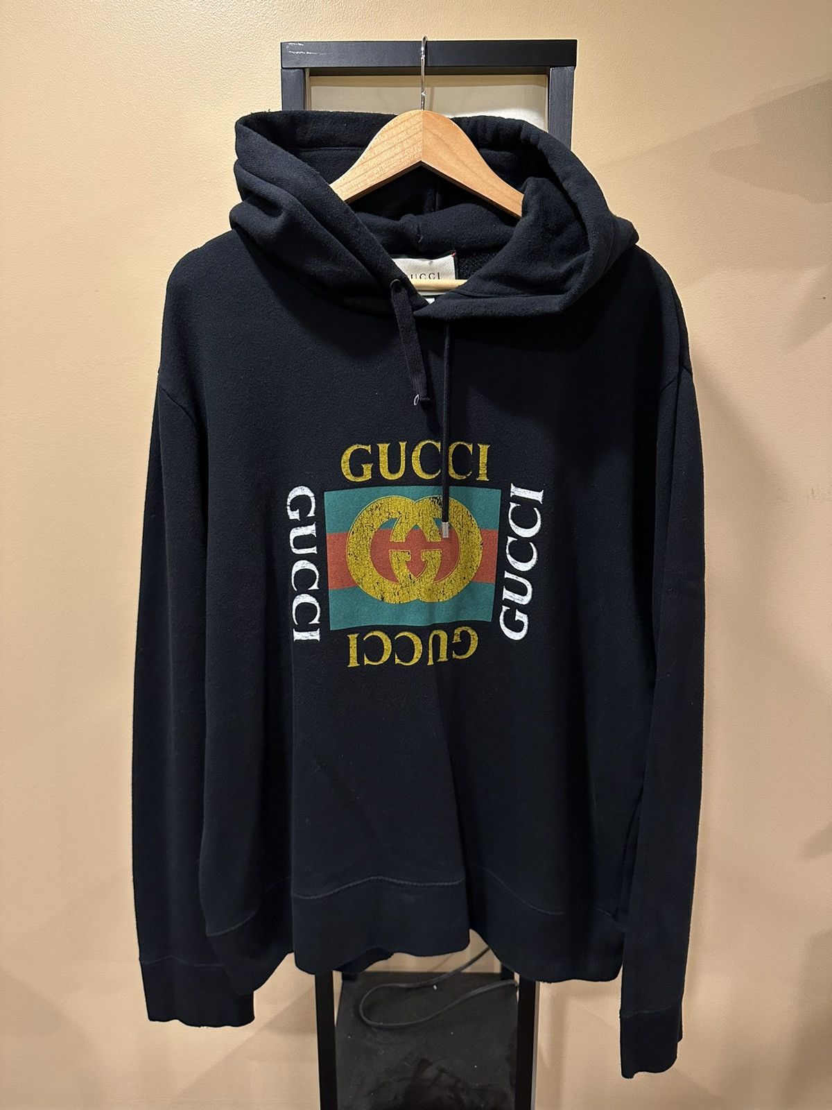 image of Gucci Bootleg Logo Black Classic Pullover Hoodie, Men's (Size 2XL)