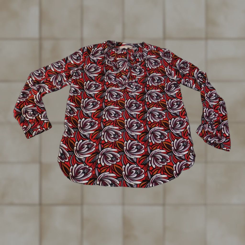 Loft LOFT Blouse Tunic Red Floral Long Sleeve Polyester Women Small Shirt Size S / US 4 / IT 40 - 1 Thumbnail