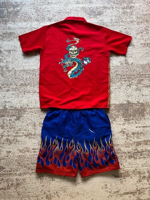 Other Y2K Flames Dragon Skull Fishbone Shirt + Laos Shorts Vintage Size 36S - 2 Thumbnail