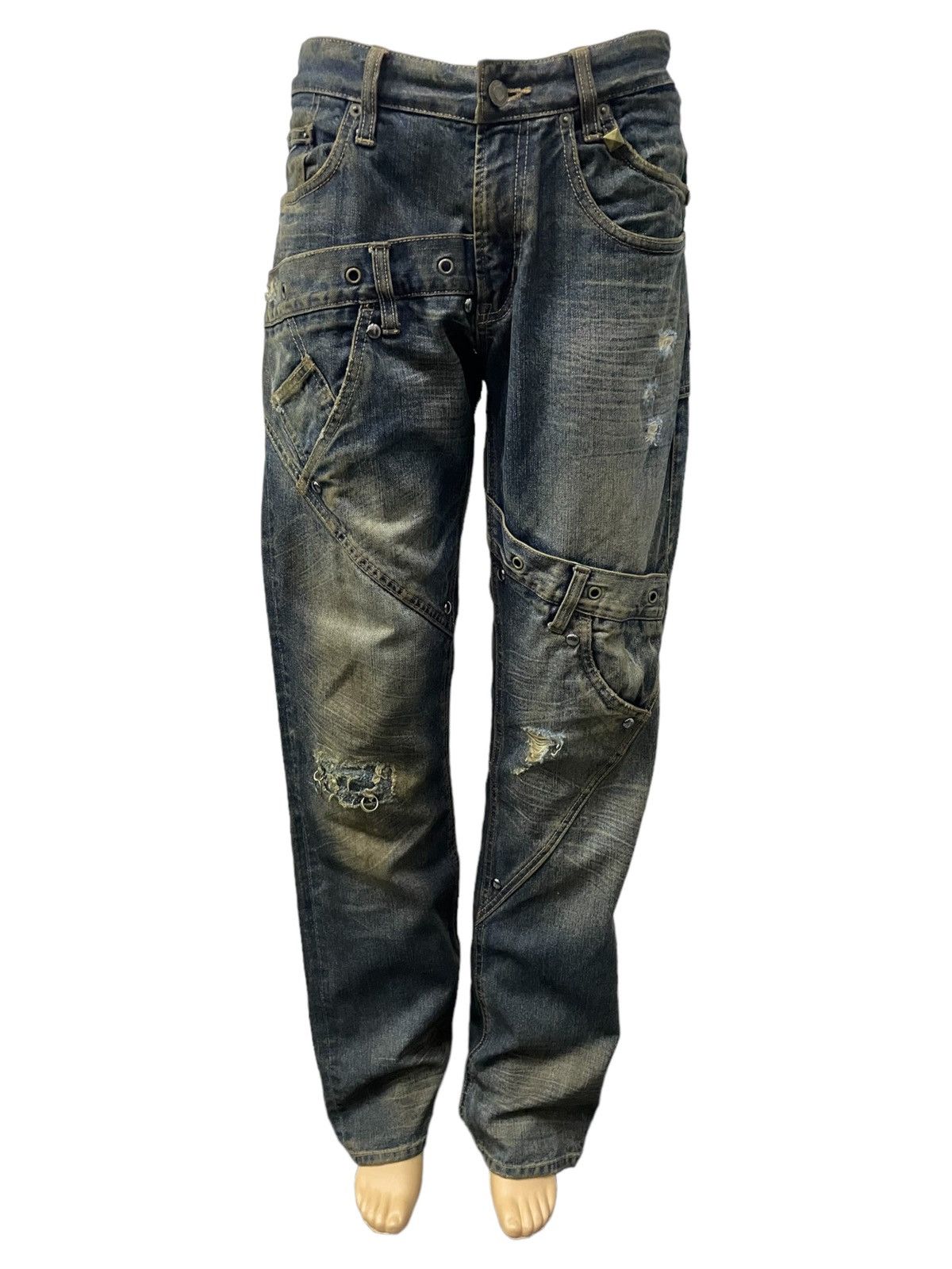 Hysteric Glamour × Levi's × Obelisk Levis 501 Asymmetrical Distressed Piercing Studded Mud Jeans Size US 32 / EU 48 - 3 Thumbnail
