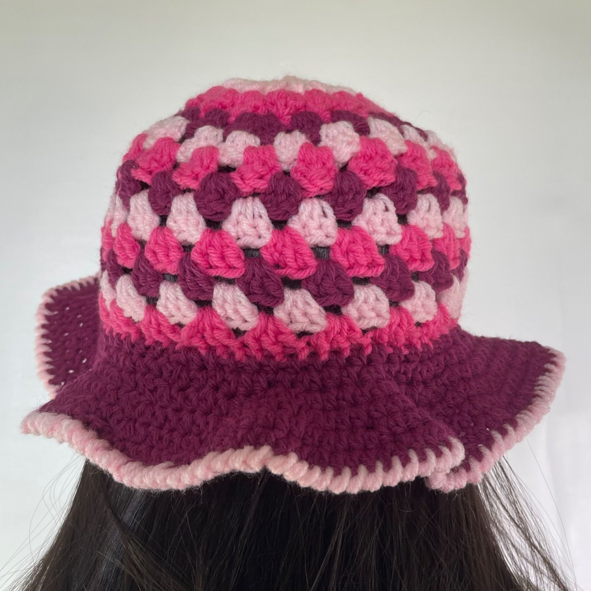 Handmade Crochet Bucket Hat Granny Square Pattern Burgundy and Pinks Size ONE SIZE - 4 Thumbnail