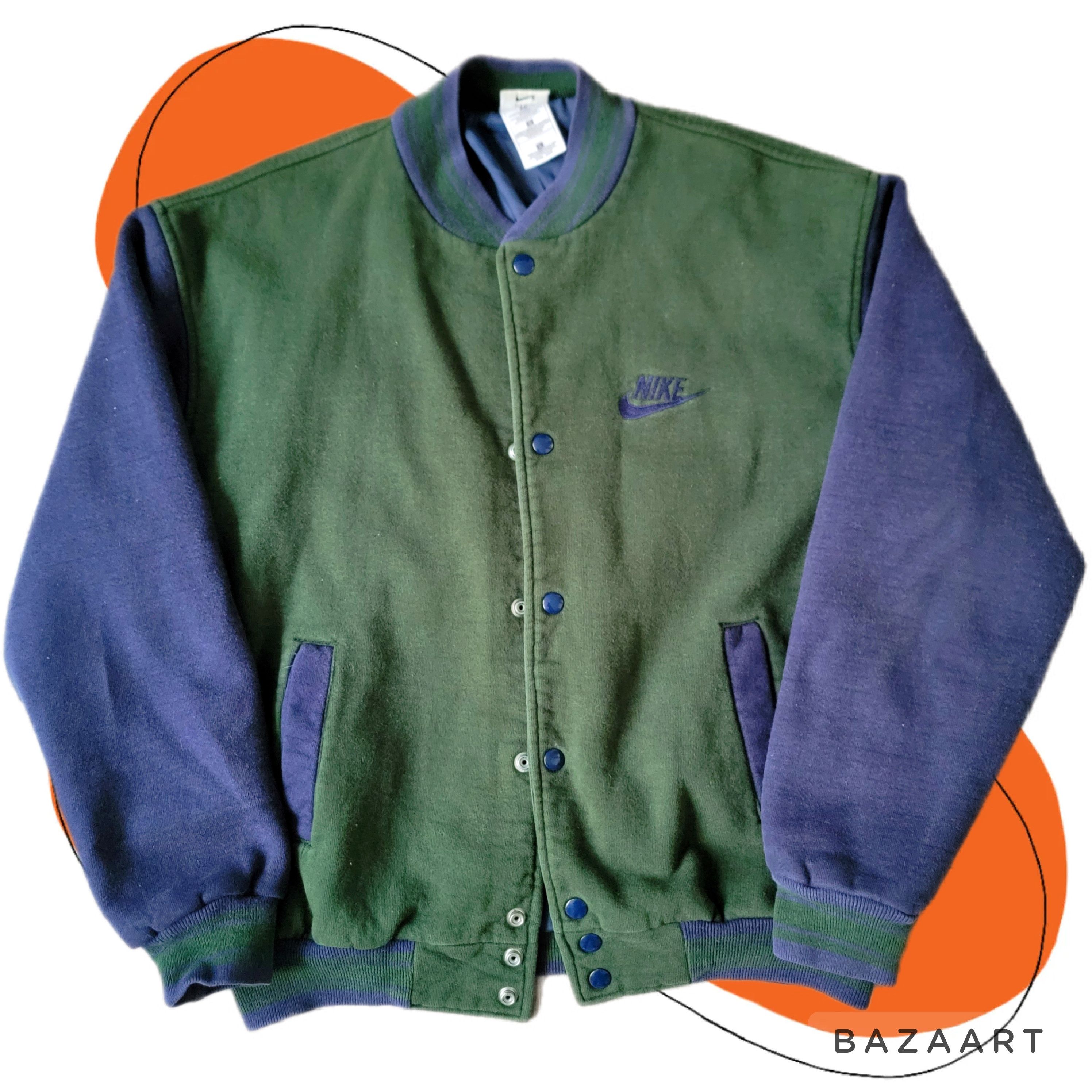 image of 90's Vintage Navy Blue/green Nike Varsity Jacket in Navy Blue Forest Green, Men's (Size Large)