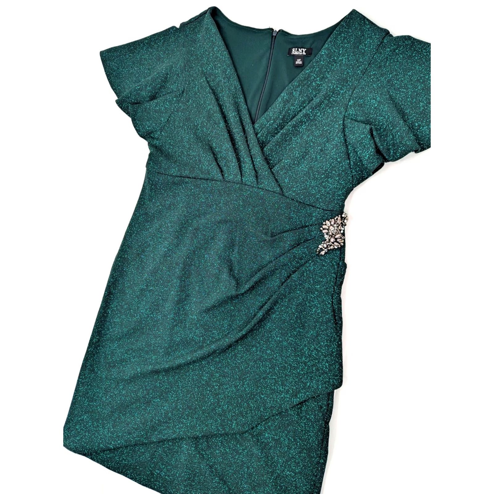 Vintage SLNY Green Glitter Metallic Sheath Dress Women 12P Surplice VNeck Flutter Sleeve Short Sleeve Giftless Size XL / US 12-14 / IT 48-50 - 3 Thumbnail