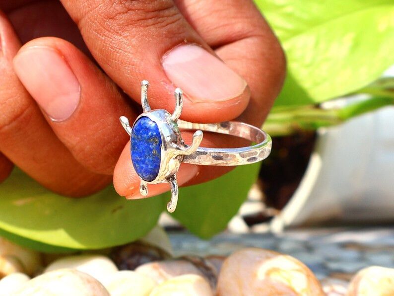 Handmade Lapis Lazuli Insect Ring, Handmade 925 Silver Scarab Beetle Size ONE SIZE - 6 Thumbnail
