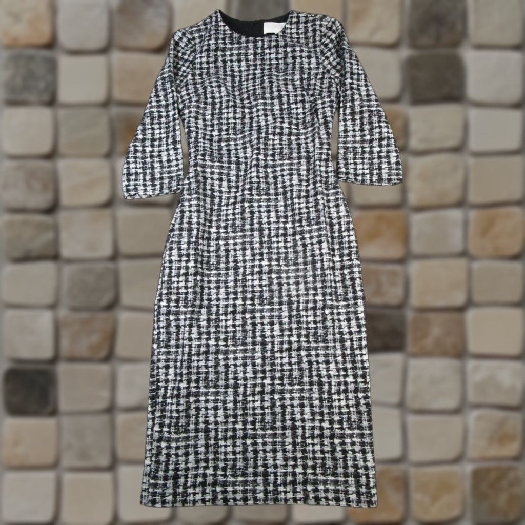 Vintage Hugo Boss Dress Womens 0 Gray Black Bodycon Knee Length 3/4 Sleeve Round Neck Zip Pattern Check Womens Dress Size XS / US 0-2 / IT 36-38 - 1 Thumbnail