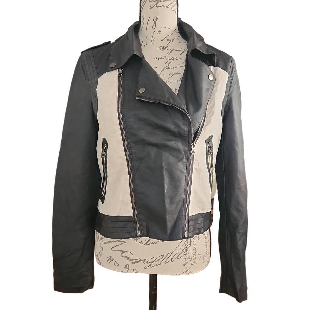 Bar III Bar III Women's Size Medium Black Cream Faux Leather Linen Moto Jacket Size M / US 6-8 / IT 42-44 - 1 Thumbnail