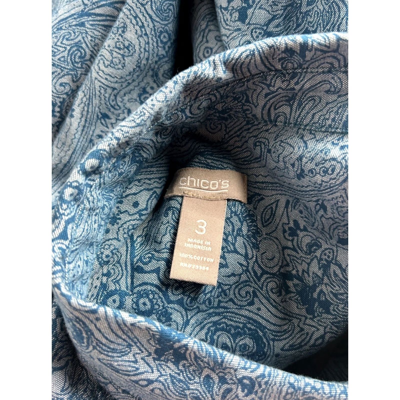 Vintage Chico's Womens Blue Paisley Button-Up Shirt Size 3 Cotton 3/4 Sleeve Casual Top Size XS / US 0-2 / IT 36-38 - 4 Thumbnail