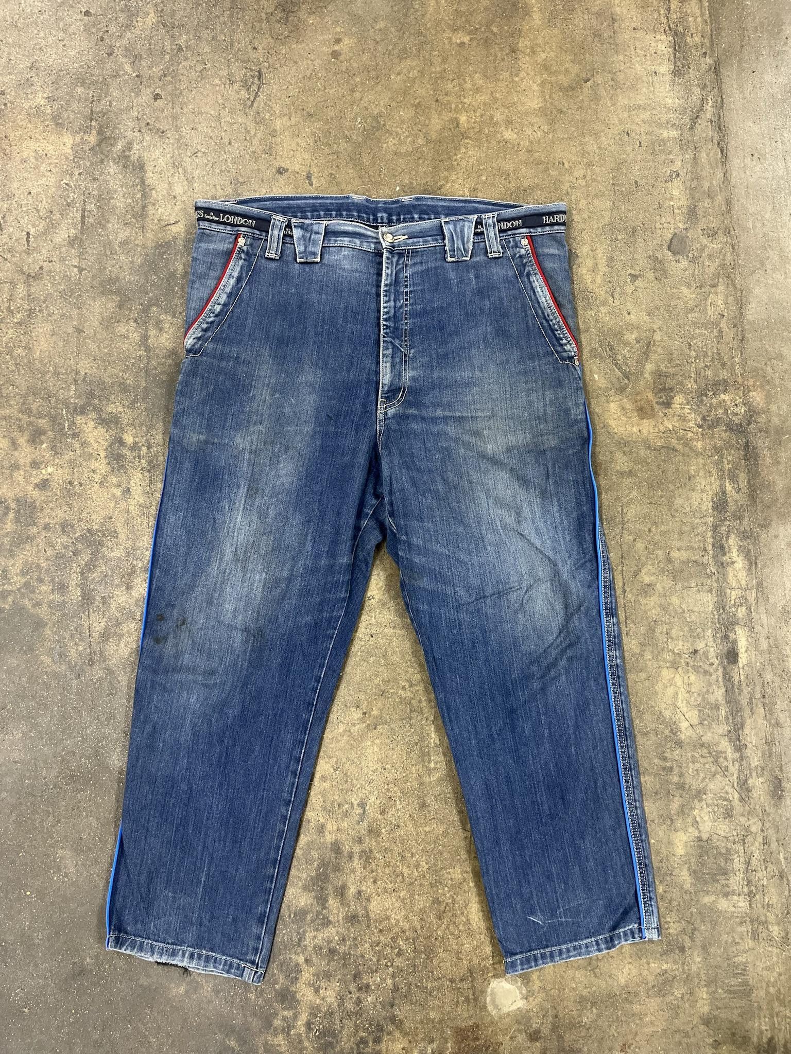 image of Y2K Hardy Amies Denim With Leg Piping And Car Patch in Blue, Men's (Size 38)
