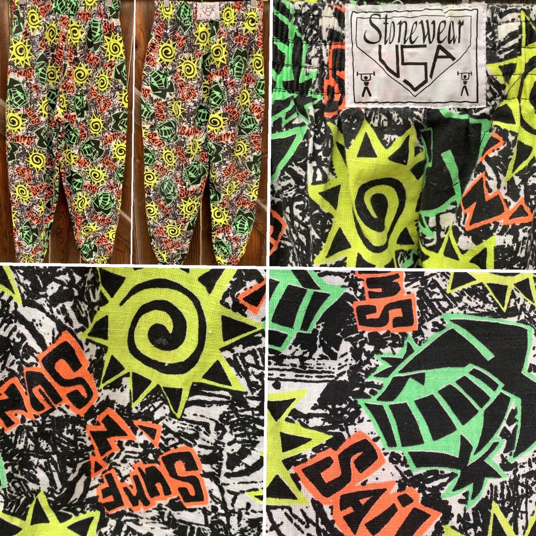 Vintage VINTAGE Stonewear USA muscle pants neon geometric beach surf n sun sail Sz S M Mens Size US 29 - 6 Thumbnail