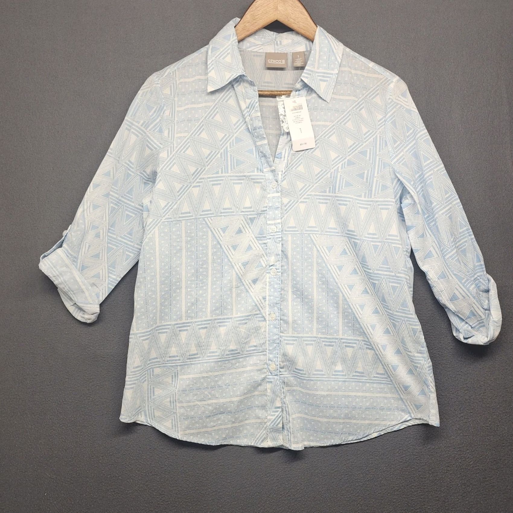Vintage Chicos Shirt Womens 1 Medium Blue Geometric Print Button Front 3/4 Sleeve NEW Size M / US 6-8 / IT 42-44 - 2 Thumbnail