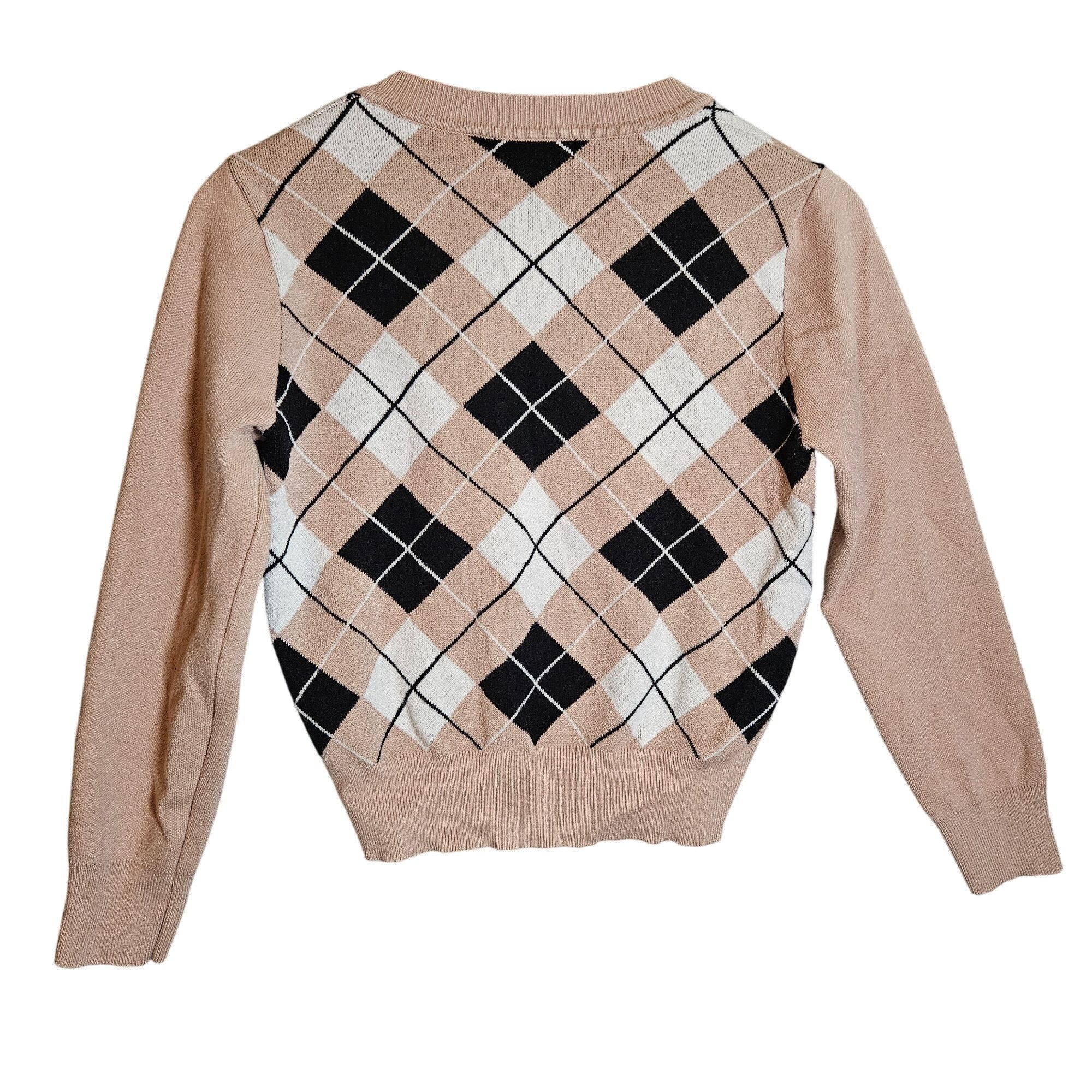 Shein Argyle V-Neck Sweater SHEIN Womens Beige & Black Knitted 8 L Size M / US 6-8 / IT 42-44 - 5 Thumbnail