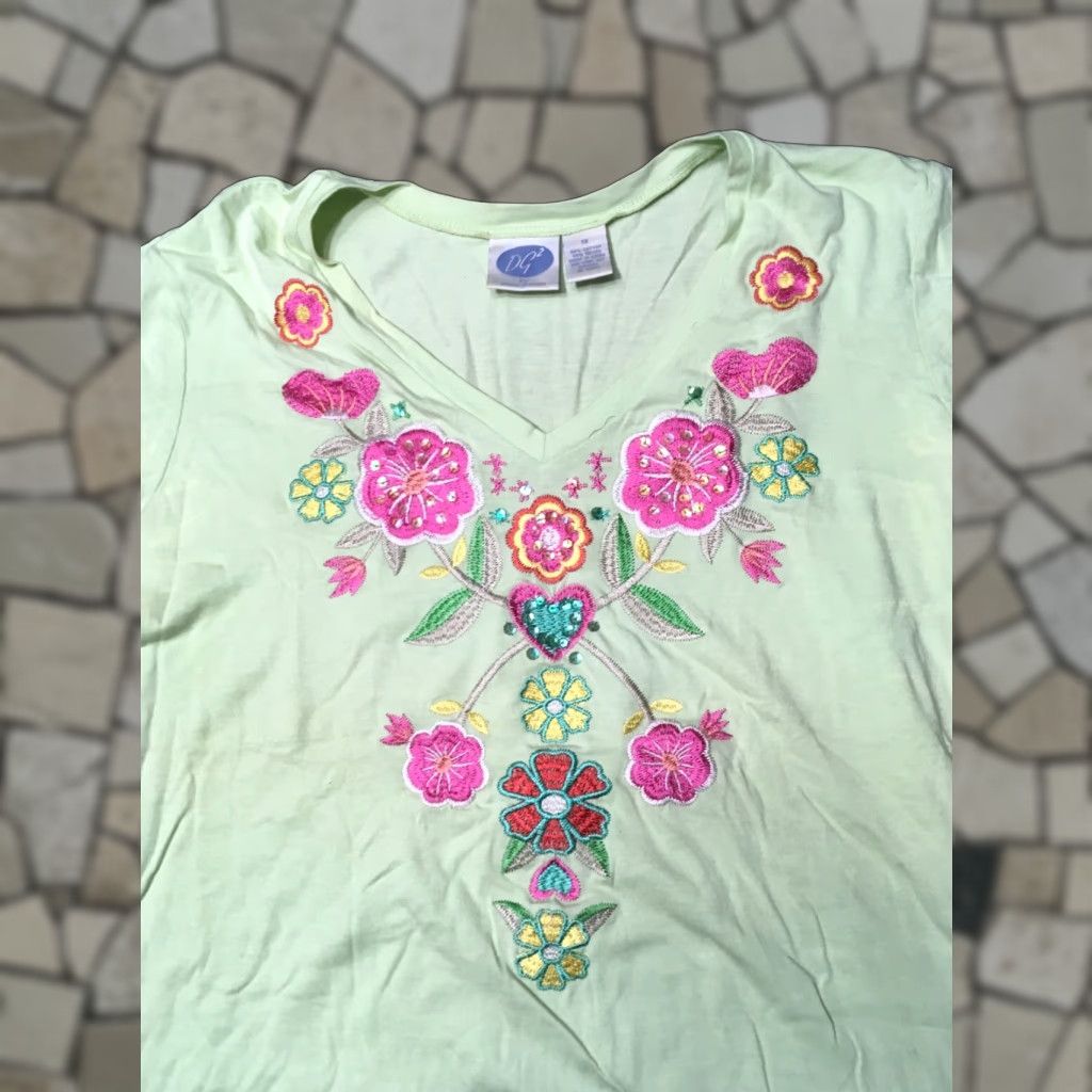Vintage VINTAGE DG Womens Embroidered Blouse V Neck Long Sleeve Top 1X Green Size XL / US 12-14 / IT 48-50 - 1 Thumbnail