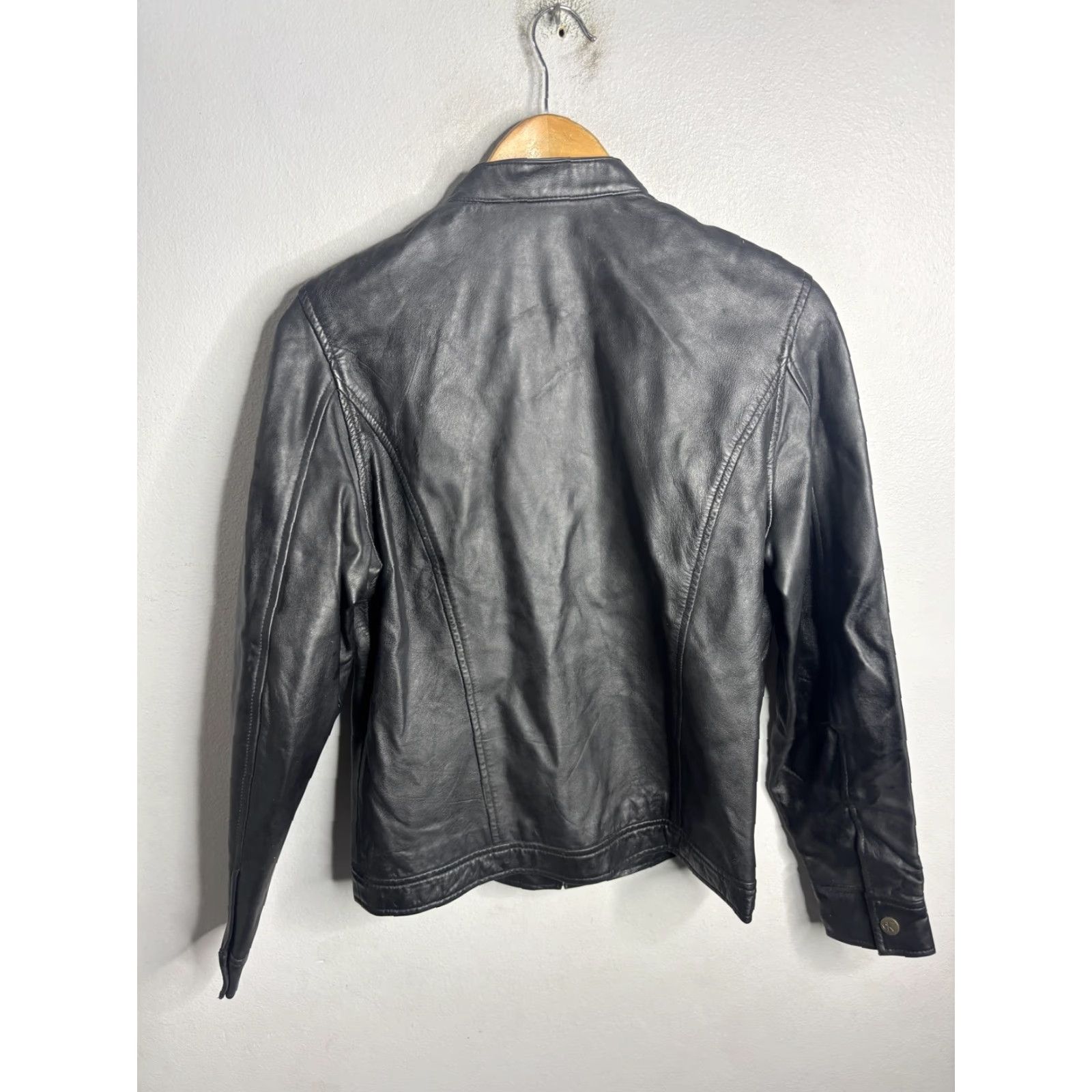 Vintage Calvin Klein Jeans Jacket Womens Medium Black Leather Moto Full Zip Biker Collar Size 32" / US 10 / IT 46 - 5 Thumbnail