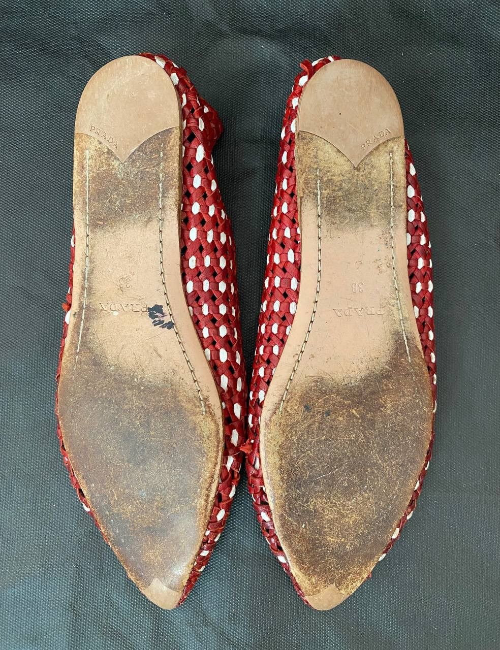 Prada × Vintage 📌Vintage PRADA Y2K Red + Metallic Silver Leather Woven Flats Size US 8 / IT 38 - 7 Thumbnail