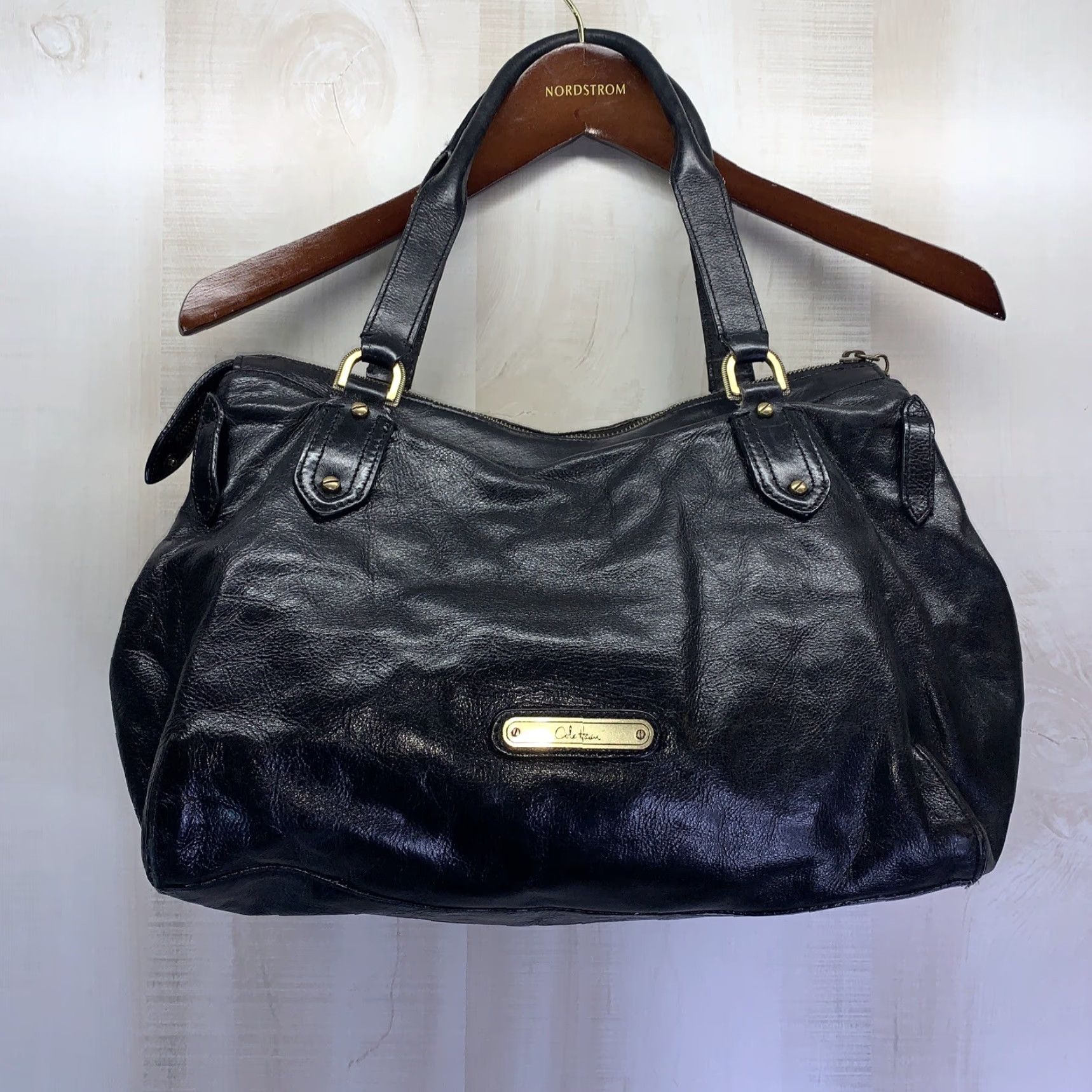Cole Haan VINTAGE Cole Haan Distressed Black Leather Large Shoulder Handbag 1990s Size ONE SIZE - 2 Thumbnail