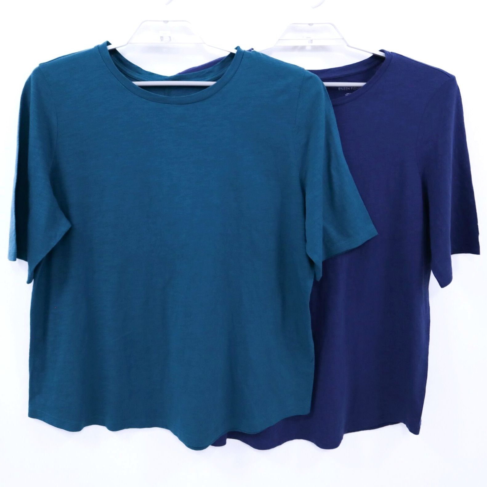 image of Eileen Fisher T-Shirt Tee Set Of 2 Womens XL Teal Blue Organic Cotton Crew Neck in White