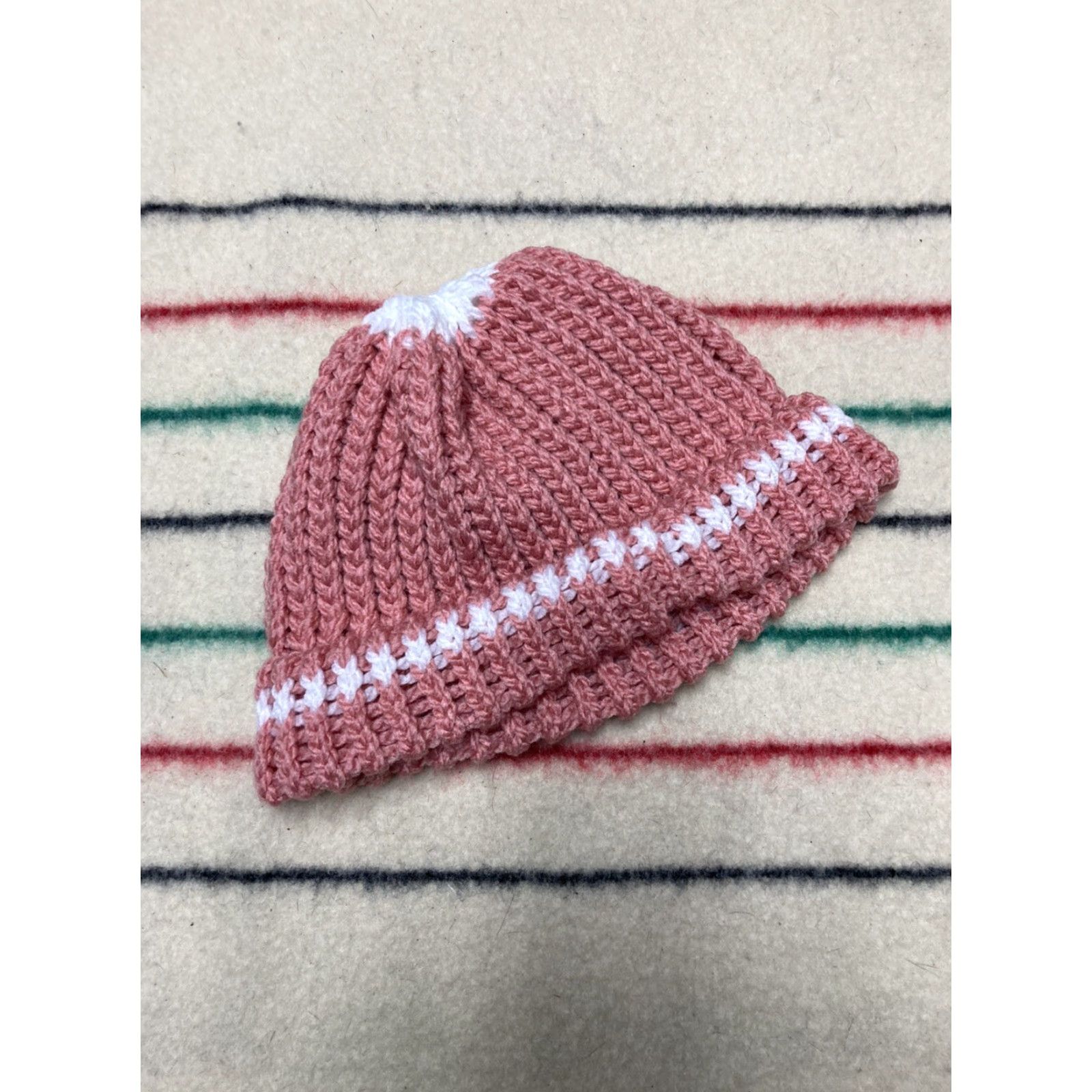 Pinko VINTAGE Crochet Knit Beanie Hand Made Pink White Stripe Snow Toboggan Soft Adult Beanie Women One Size Redo? Size ONE SIZE - 2 Thumbnail
