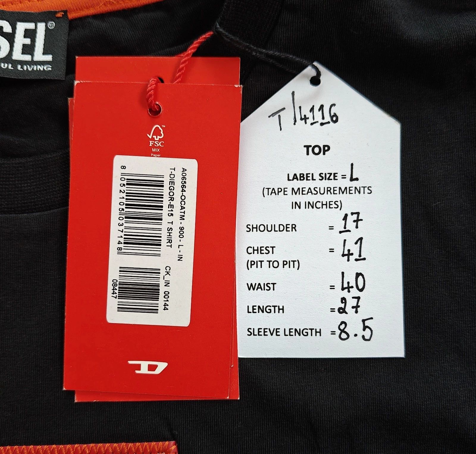 Diesel DIESEL Black T-Shirt With Logo Patch T 4116 Size US L / EU 52-54 / 3 - 5 Thumbnail