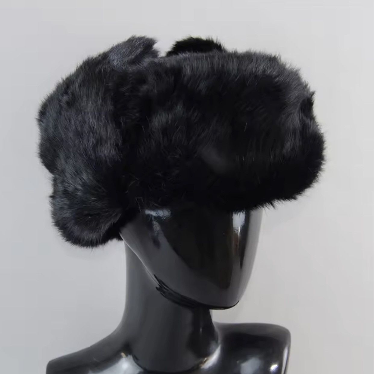 Japanese Brand Size M Luxury Black Rabbit Fur Trapper Hat – Unisex Winter Size ONE SIZE - 3 Thumbnail