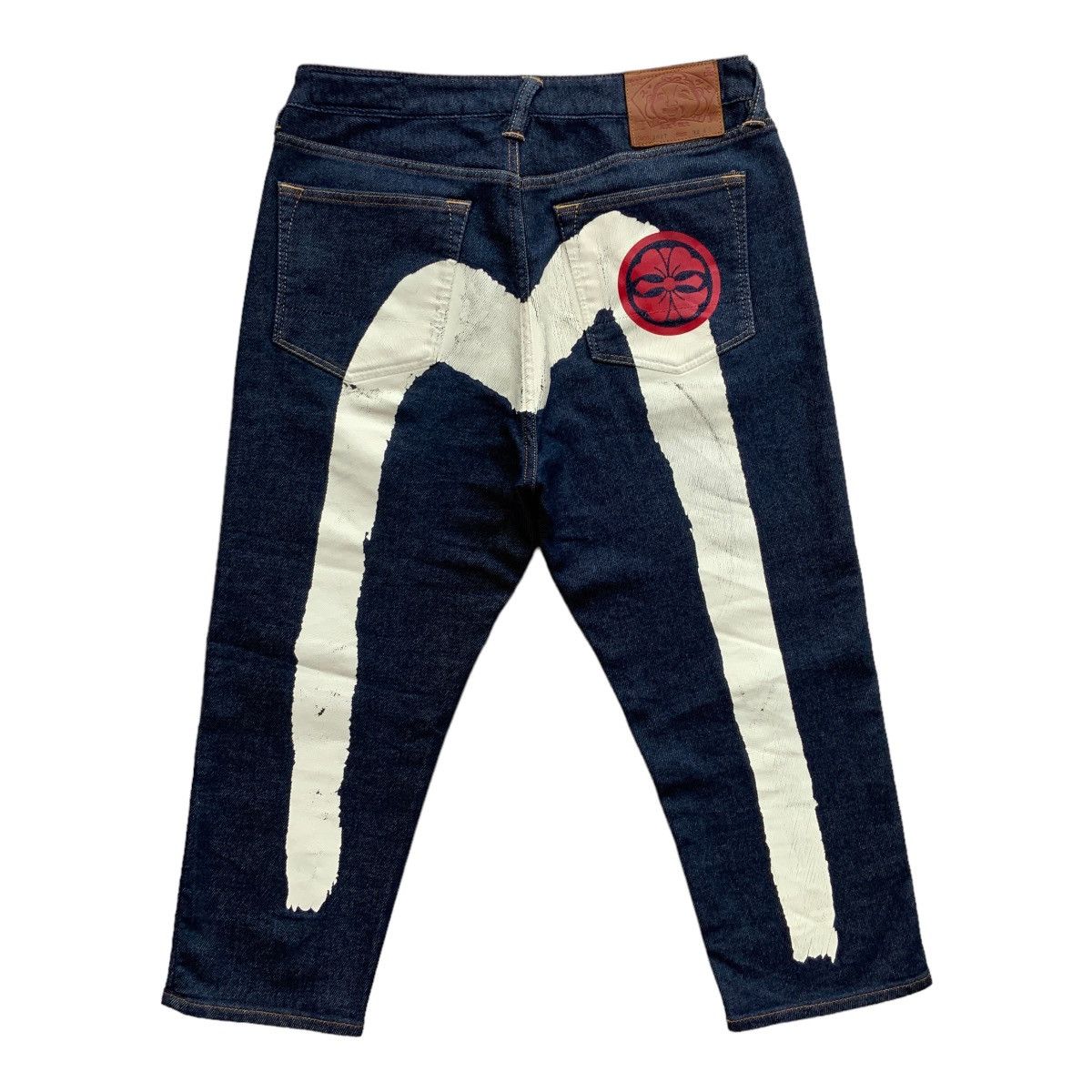 image of Evisu Brushstroke Daicock Lot 2027 Cropped Jeans in Blue Denim, Men's (Size 32)