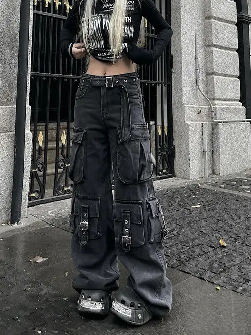 VIBE Black Multi Pocket Cargo Denim Jeans with Straps Size US 28 / EU 44 - 5 Thumbnail