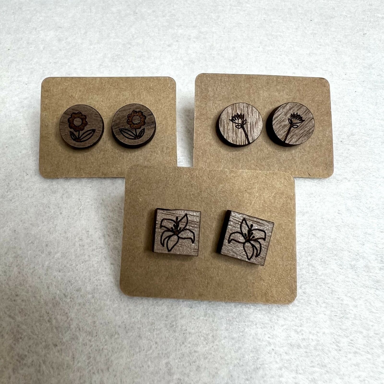 Handmade 3 Pack Wooden Engraved Stud Earrings Size ONE SIZE - 1 Thumbnail