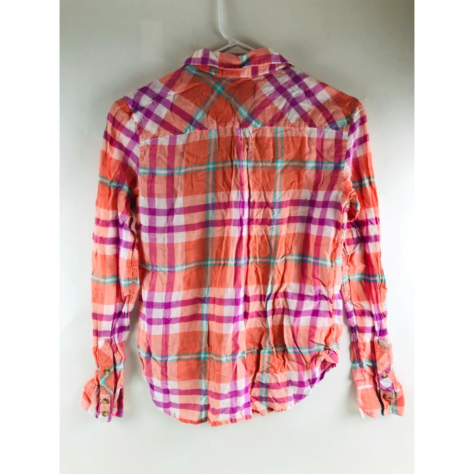 American Eagle Outfitters VINTAGE American Eagle Shirt Women XS Orange Pink Plaid Button-Up Long Sleeve Size XS / US 0-2 / IT 36-38 - 2 Thumbnail