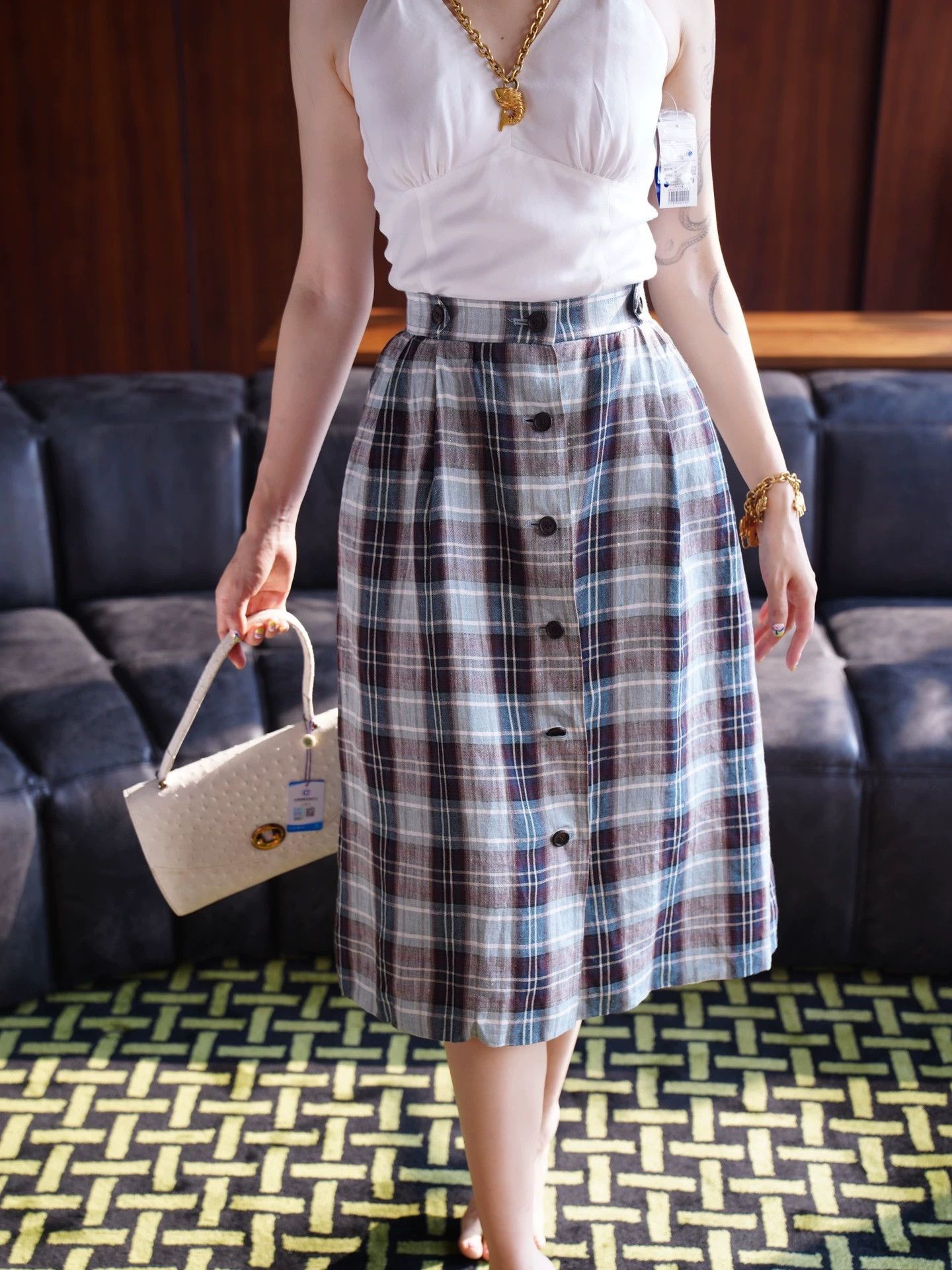 Yves Saint Laurent YSL Vintage Blue Check Linen Skirt Size 26" / US 2 / IT 38 - 1 Thumbnail