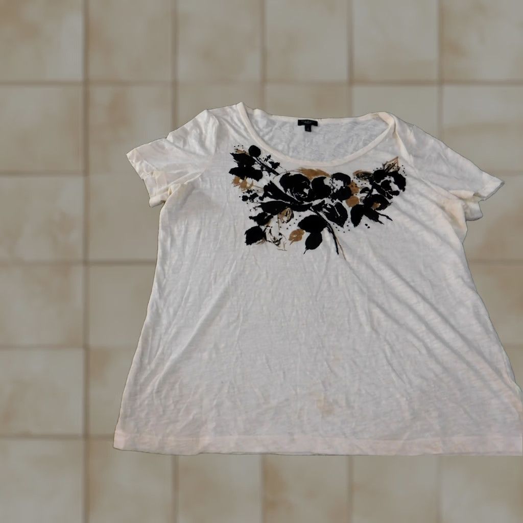 Talbots Talbots Blouse 1X Women Beige Floral Cotton Rayon Short Sleeve Pullover Round Neck Casual Classic Graphic Size XL / US 12-14 / IT 48-50 - 1 Thumbnail