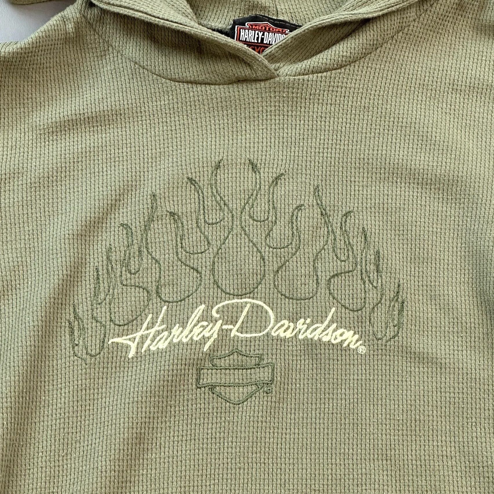 Harley Davidson Harley-Davidson Hoodie Women’s Medium Green Waffle Knit Thermal Flame Logo Biker Size M / US 6-8 / IT 42-44 - 2 Thumbnail