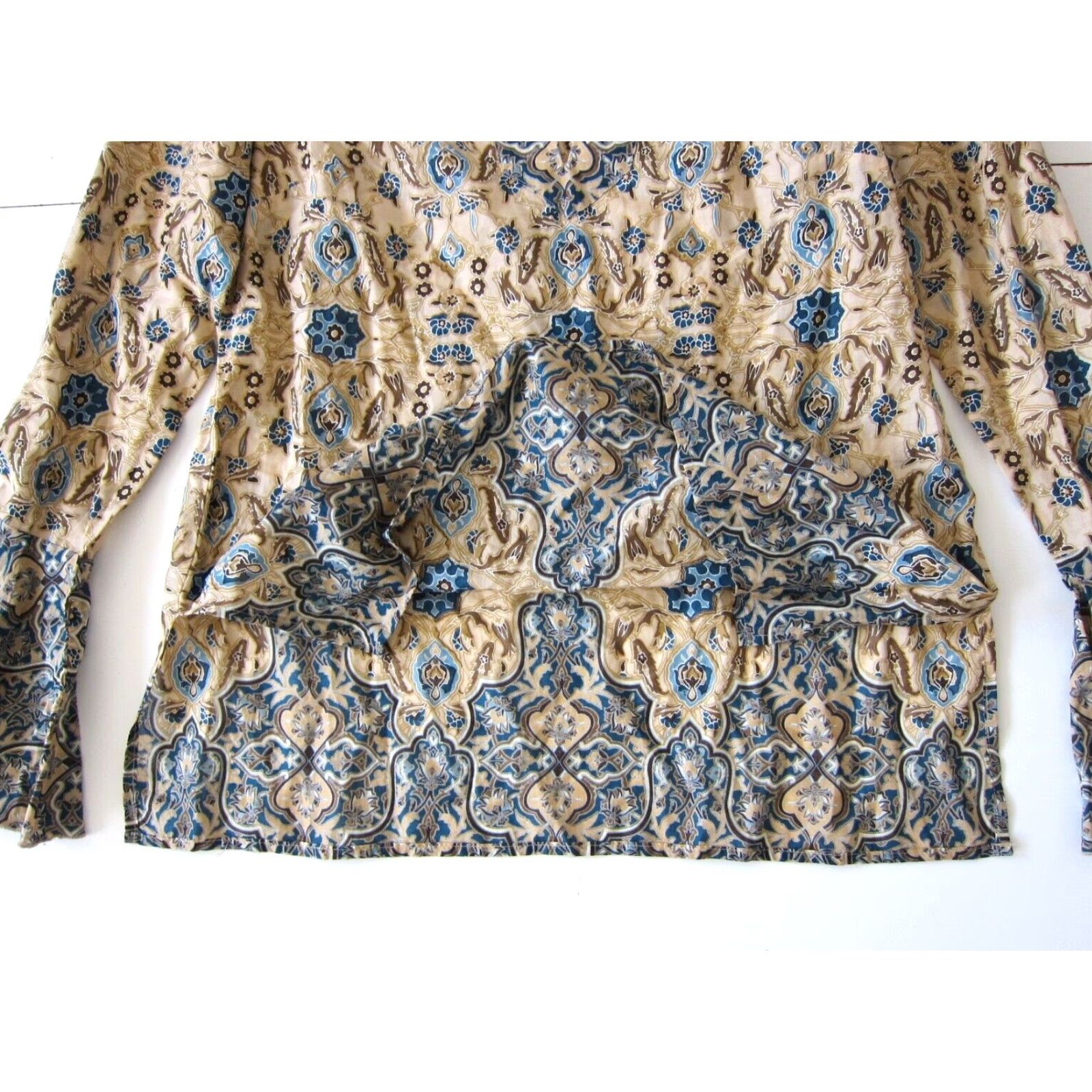 Vintage INC 100% Cotton Gauze Blue Floral Long Flare Sleeve V-Neck Blouse 10 Women Blouse Shirt Size L / US 10 / IT 46 - 6 Thumbnail