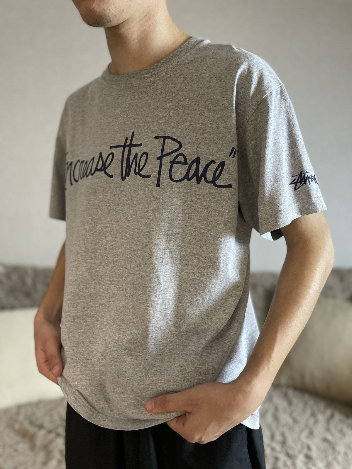 Nike × Stussy × Vintage STUSSY 00s Increase The Peace Vintage Gray Logo T-Shirt  M | Grailed