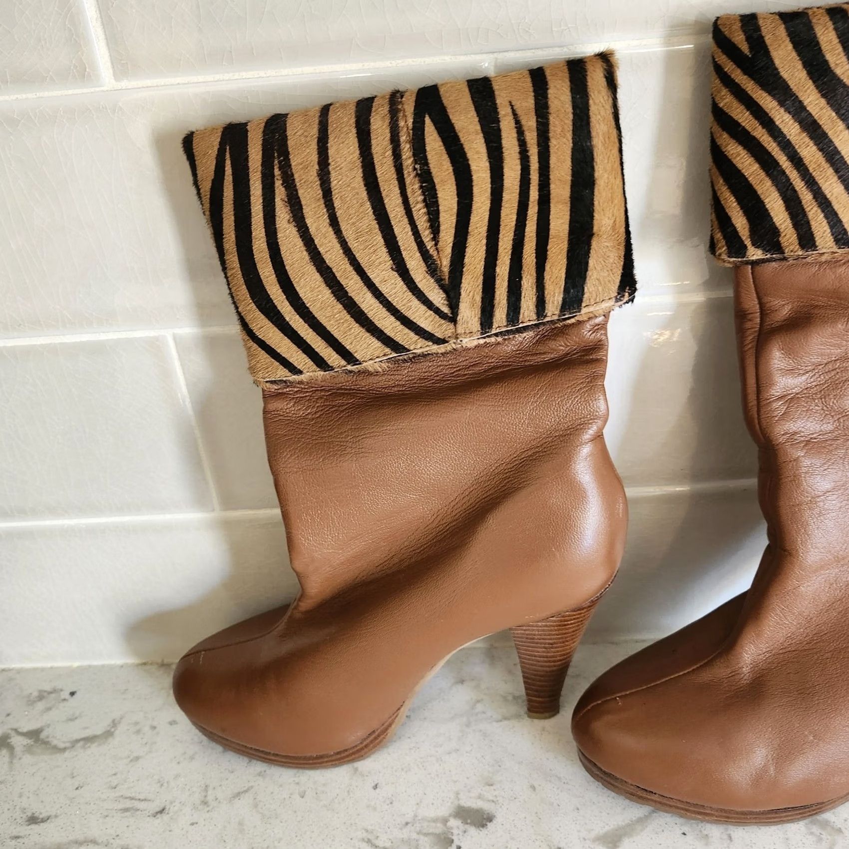 Vintage VINTAGE? Curations Women's Brown Zebra Leather Print Bootie - Size 7M - Leather Upper - Animal Print - Slip On - Heel 3in - Boot, Shoes Size US 8 / IT 38 - 3 Thumbnail