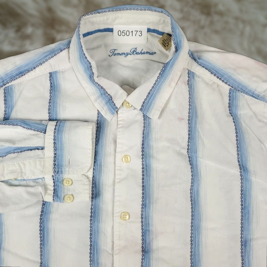Tommy Bahama Tommy Bahama Shirt Mens XL Blue Striped Button-Up Long Sleeve Cotton Blend Stained Size US XL / EU 56 / 4 - 1 Thumbnail