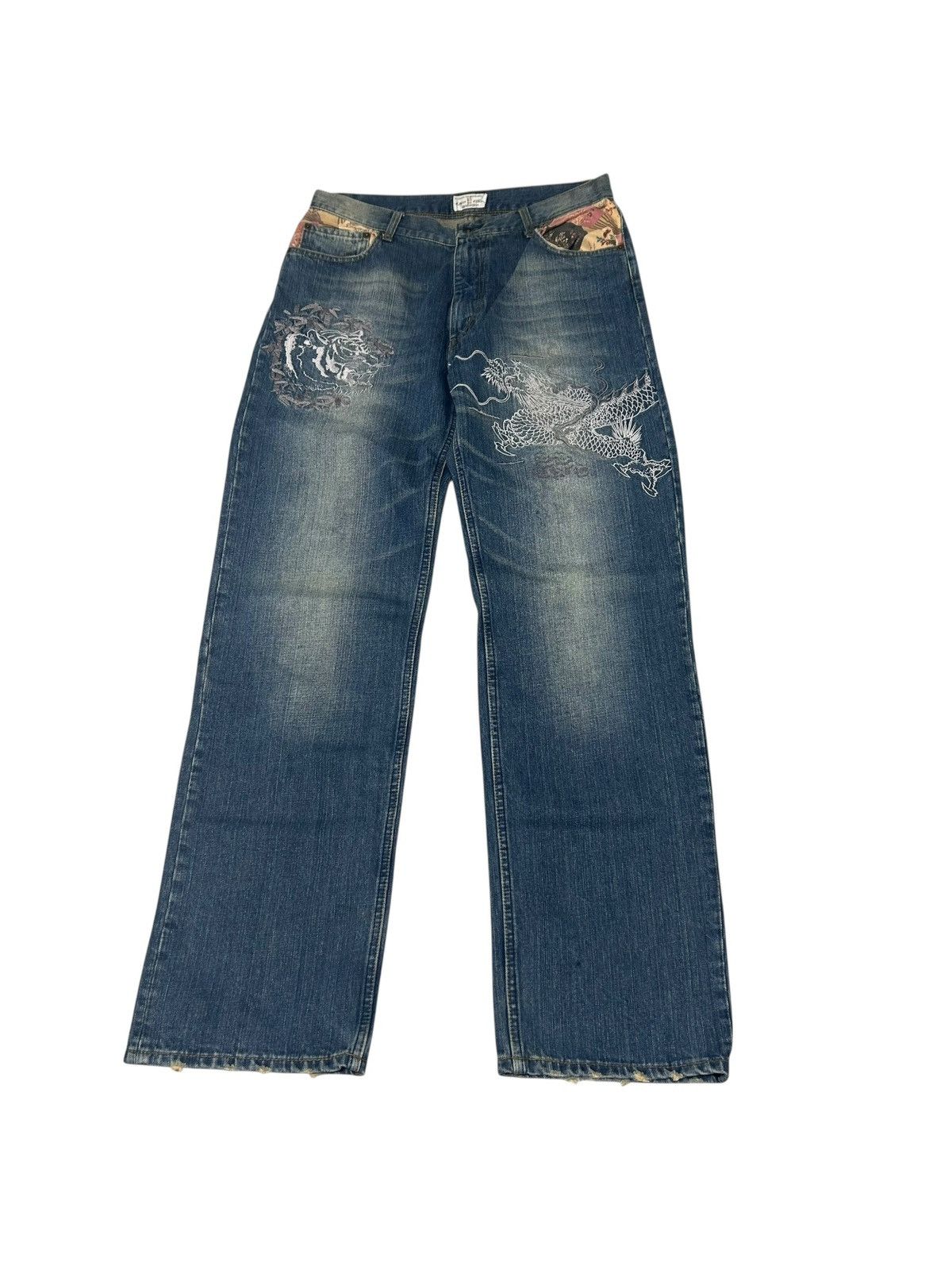 512 Karakuri Tamashii jeans embroidered denim blue archive