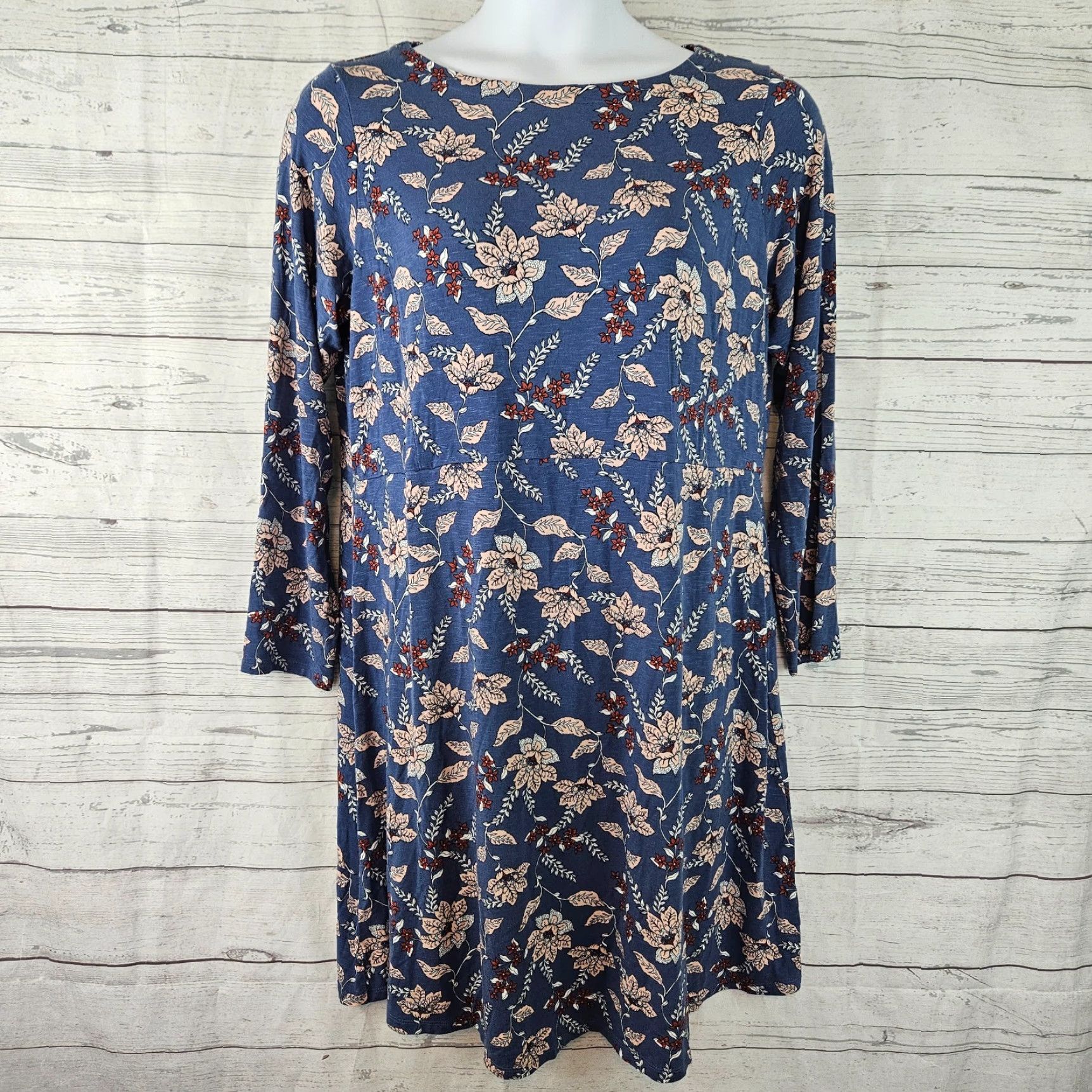 J. Jill J. Jill Womens Dress 1X Blue Pink Floral Long Sleeve Rayon Blend Knee Length Casual Shift Mens Women Girls Size XL / US 12-14 / IT 48-50 - 2 Thumbnail