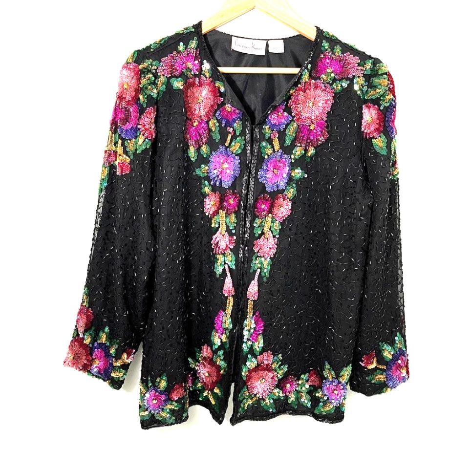 Vintage VINTAGE Laurence Kazar Jacket Top Womens M Black Silk Beaded Sequin Floral Party 90s Jacket Womens M Black Silk Beaded Sequin Floral 90s Size M / US 6-8 / IT 42-44 - 2 Thumbnail