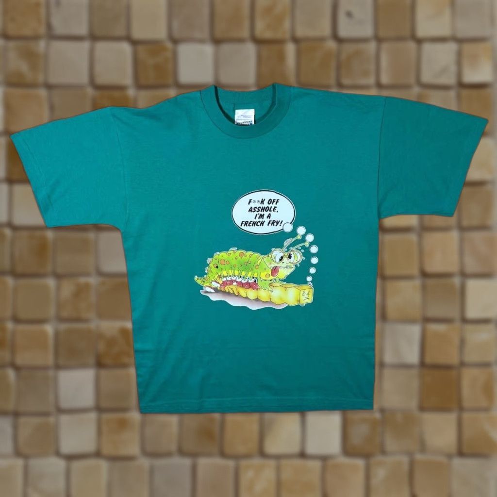 Vintage VINTAGE Screen Stars T-Shirt Graphic Print I'm A French Fry Caterpillar Cartoon Novelty L Mens Regular Turquoise 90s shirts Size US L / EU 52-54 / 3 - 1 Thumbnail